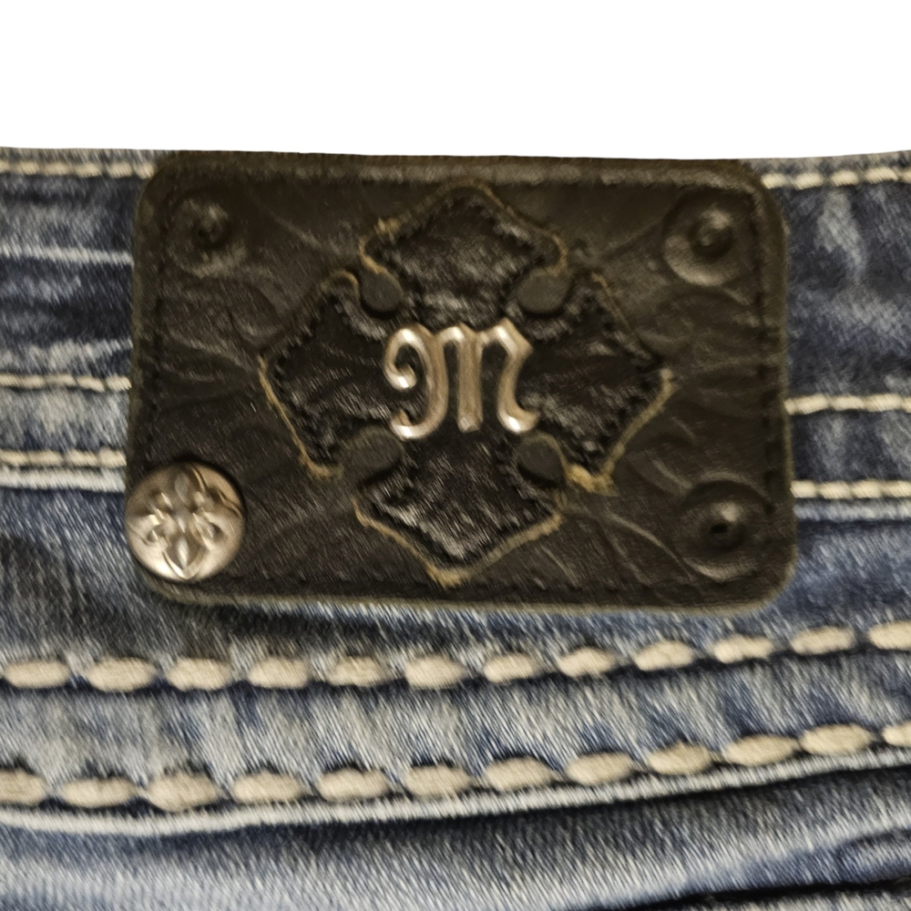 Miss Me Blue Straight Leg Jeans with Ornate Rhinestone Design - Picture 6 of 7